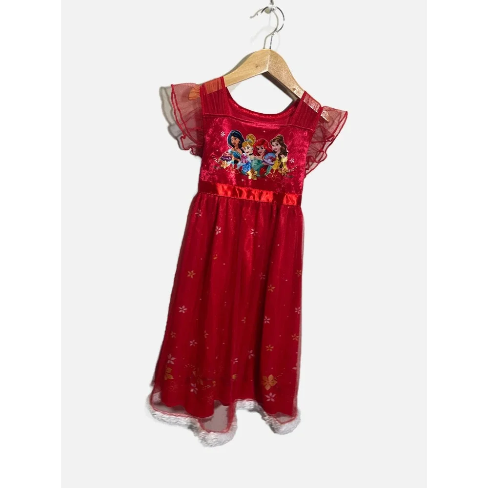 Disney Princess Nightgown Girls 6 Red Velvet Tulle Holiday Sleep Dress Pajamas
